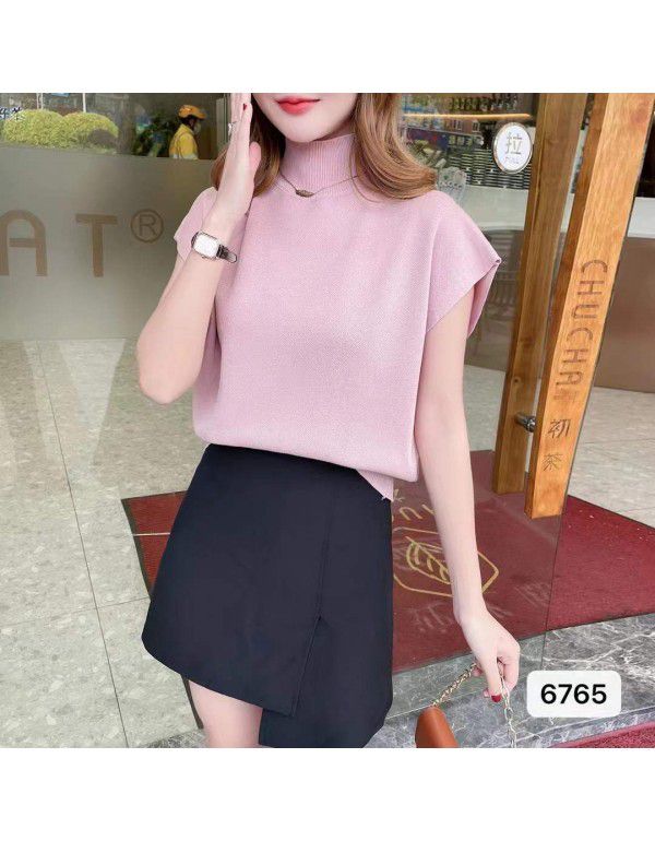 Korean version of the new half high neck camisole knitted vest T-shirt for women's simple loose short sleeve top summer