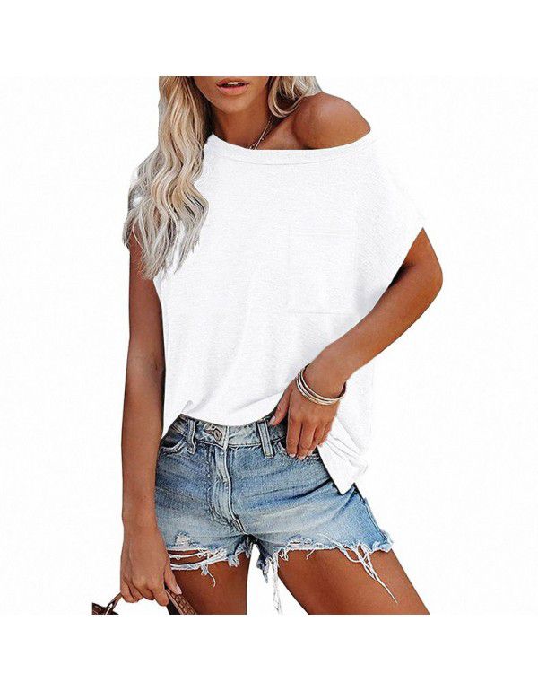 Summer Women's Top Solid Pocket Off Shoulder Round Neck Short Sleeve Women's T-Shirt 