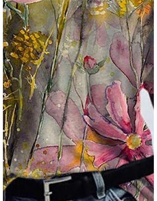 Flower printed short sleeve V-neck T-shirt for women