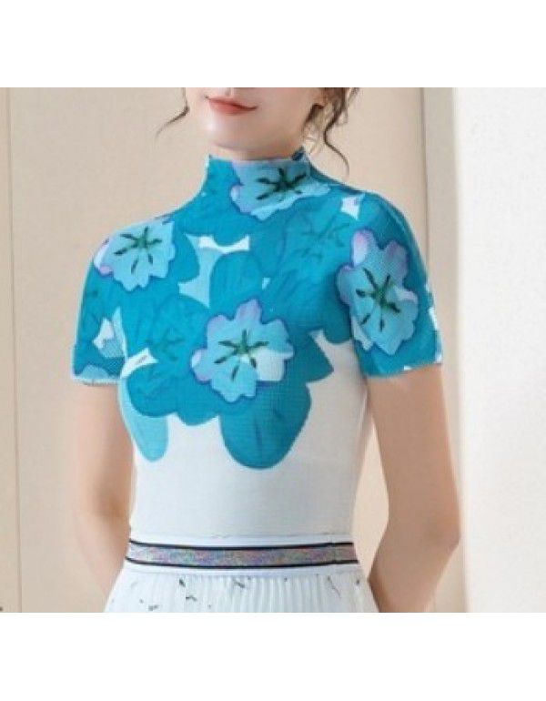 Three curtilage pleated top high neck T-shirt women's short sleeve summer new slimming and versatile bottom shirt for women's wear 