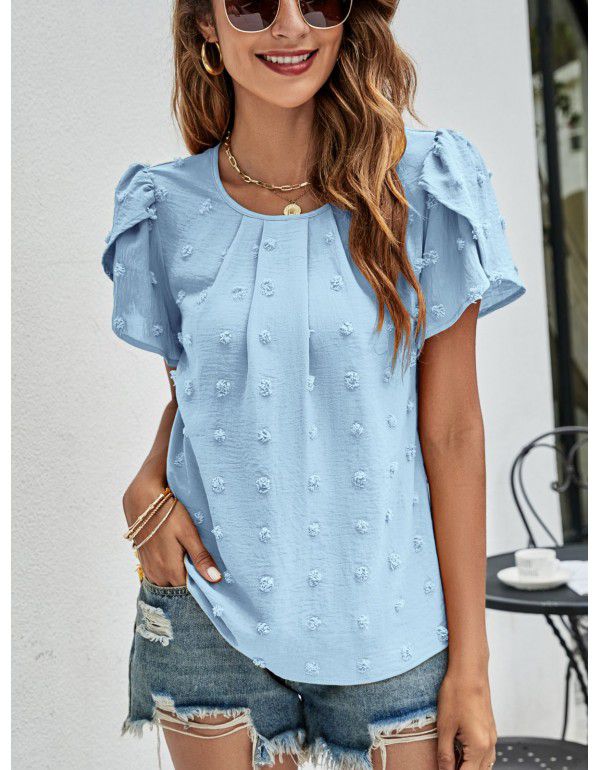 Summer New Round Neck Casual Tulip Sleeve T-shirt Jacquard Top Women