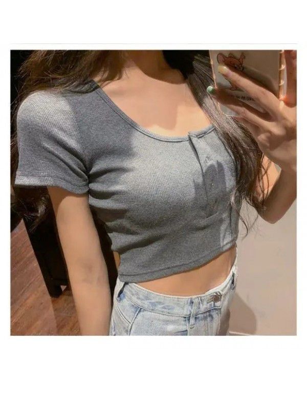 Summer New Slim Fit Short Crew Neck High Waist Slim Beware Machine Exposed Umbilical Short Sleeve T-shirt Women's Top Overlay 