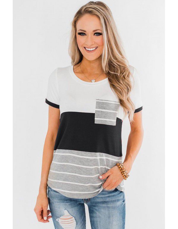Spring and Summer New European and American Women's Top Popular Pocket Tri-color Panel Short Sleeve Stripe T-shirt Women