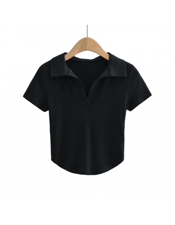 Summer new style pure sexy slim short polo lapel solid color short sleeve T-shirt female 