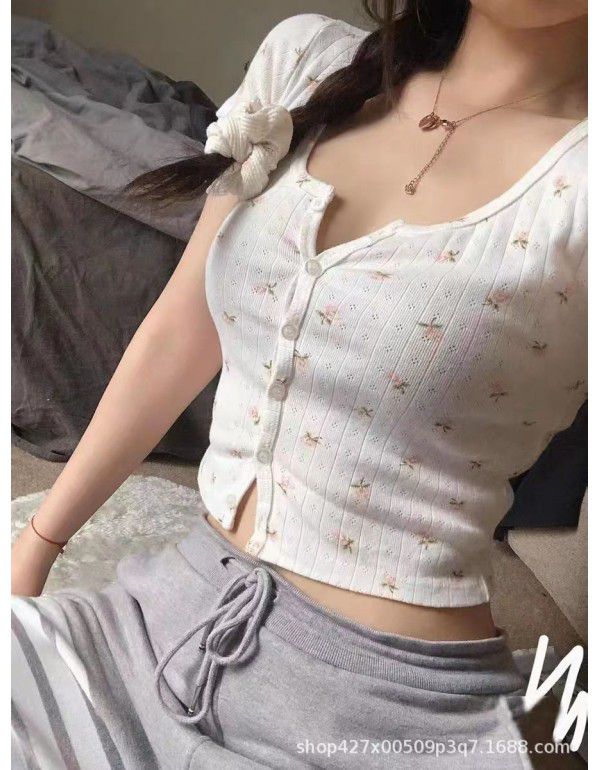 The same American summer short sexy floral cardigan T-shirt slim short sleeve top women's pure lust style 