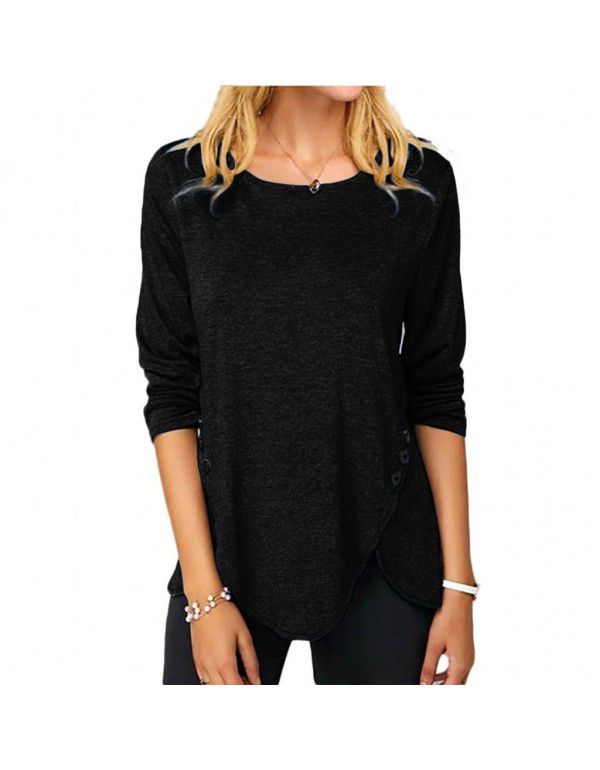 Spring/Summer Hot Style Irregular Button Hem Long Sleeve Crew Neck T-shirt