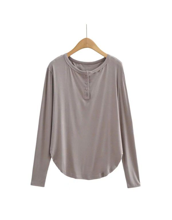 Summer new women's curved hem access control three-button round neck long sleeve loose casual long T-shirt top 