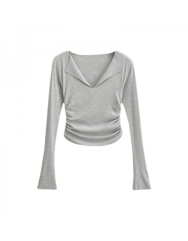 Pure desire V-neck flanging flared sleeve T-shirt for female minority Spicy girls pleated slim high waist short solid color bottom top 