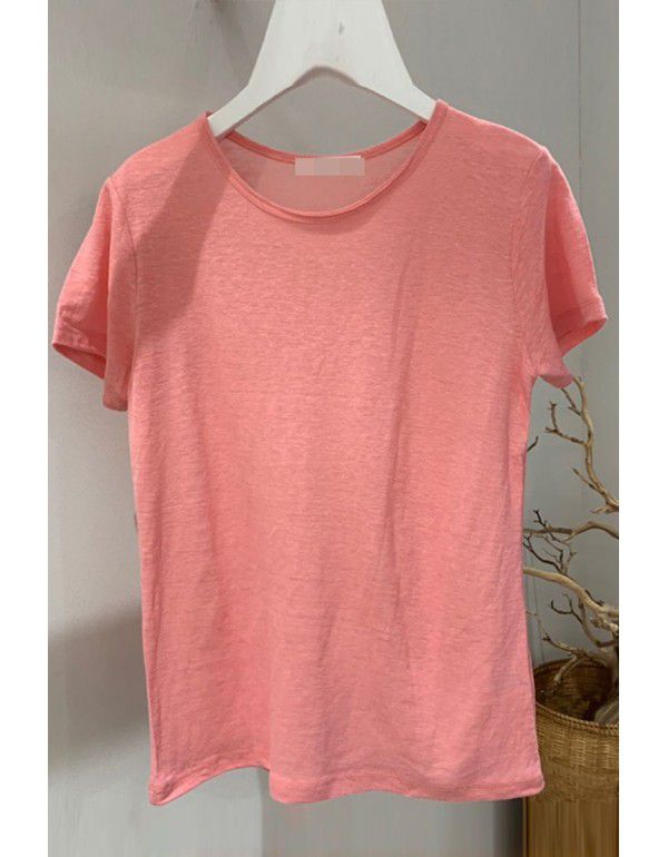Korea East Gate Summer New Pure Color Slub Cotton Loose Versatile Casual Basecoat Short Sleeve T-shirt Women 