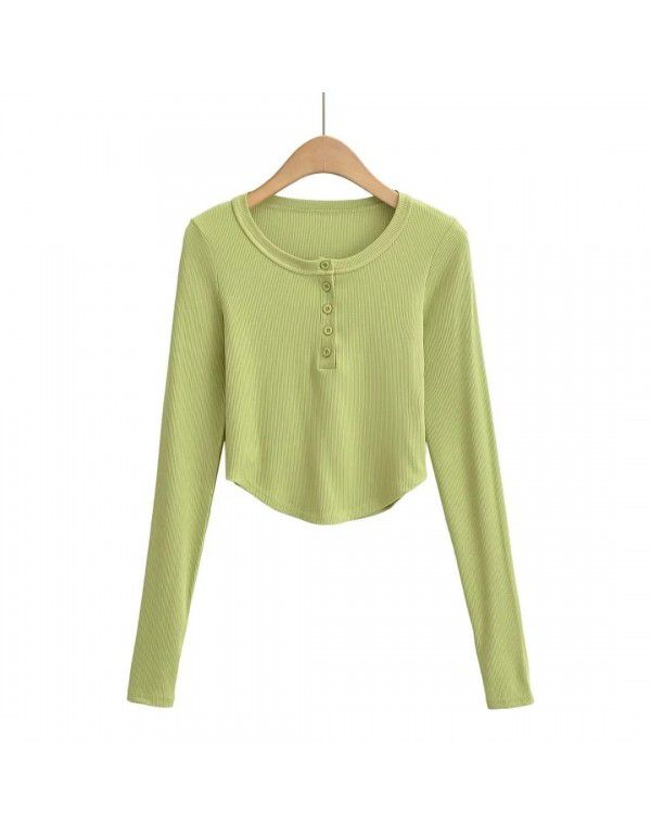 Summer Euro American Style Round Neck Half Open Button Curved Edge Slim Fit Short Top Round Neck Slim Fit Women's T-Shirt