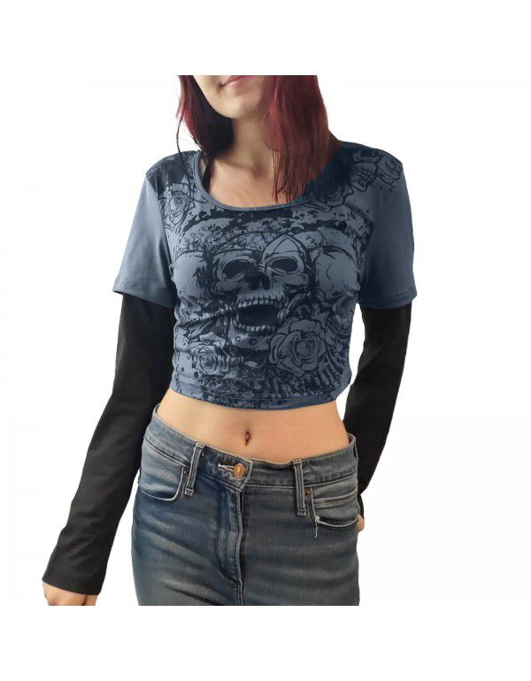 Women's tight-fitting long-sleeved T-shirt fake 2 pieces of street hip-hop sports casual bottoms 
