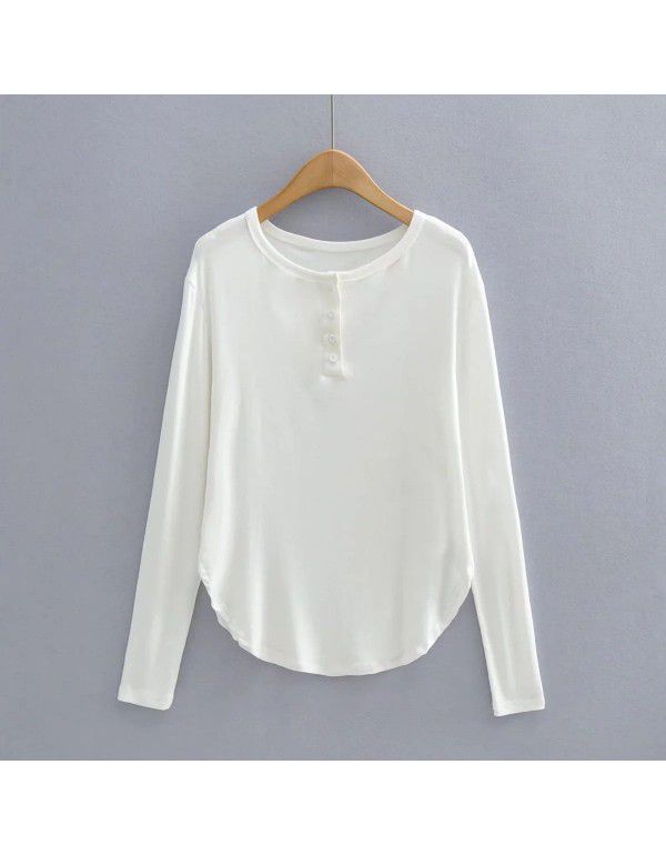 Summer new women's curved hem access control three-button round neck long sleeve loose casual long T-shirt top 