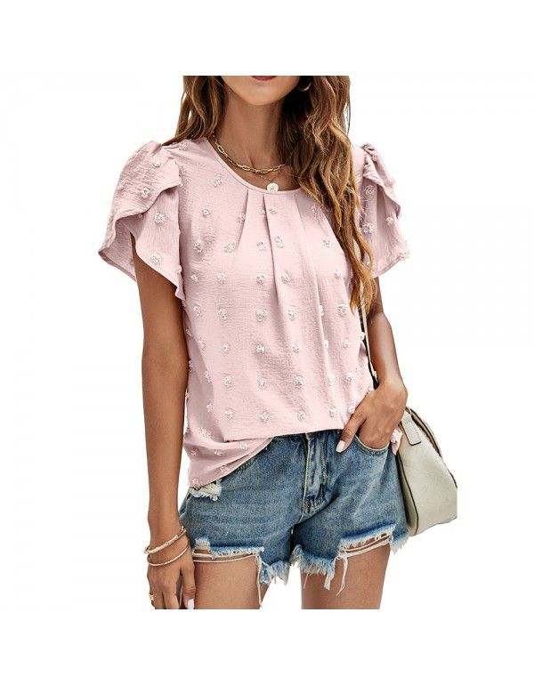 Summer New Round Neck Casual Tulip Sleeve T-shirt Jacquard Top Women