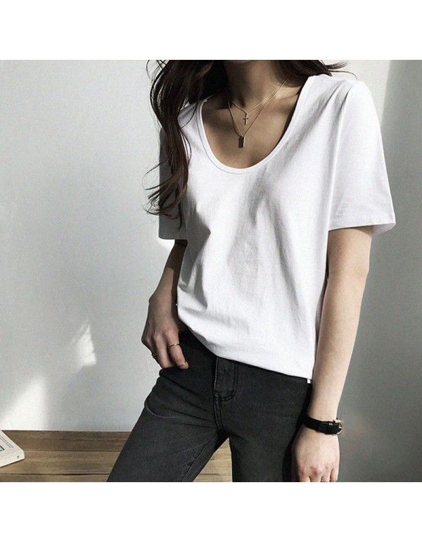 Large neckline, short sleeve, solid color t-shirt, women's loose, u-neck, heart machine, collarbone, thin, sexy, white minority top, women's fashion 
