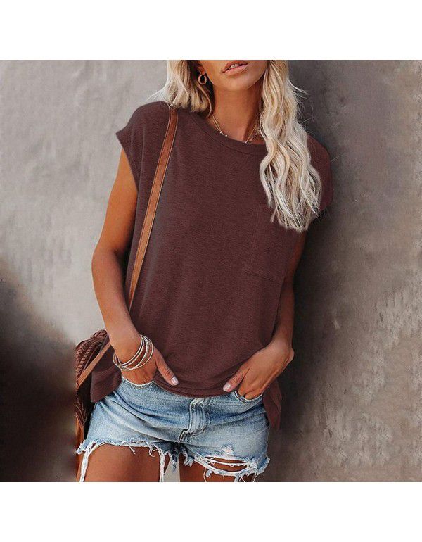 Summer Women's Top Solid Pocket Off Shoulder Round Neck Short Sleeve Women's T-Shirt 