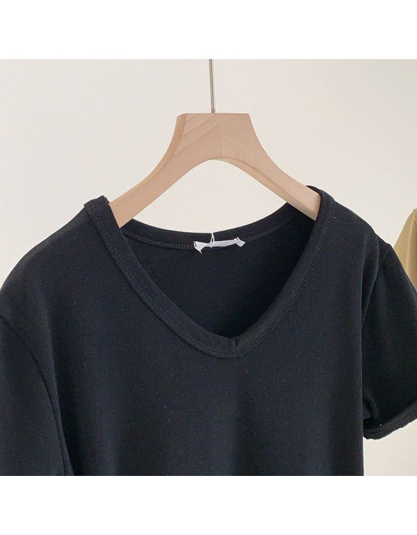 Spring New Style Korean Morandi Solid Color Versatile Short Sleeve T-shirt Women 