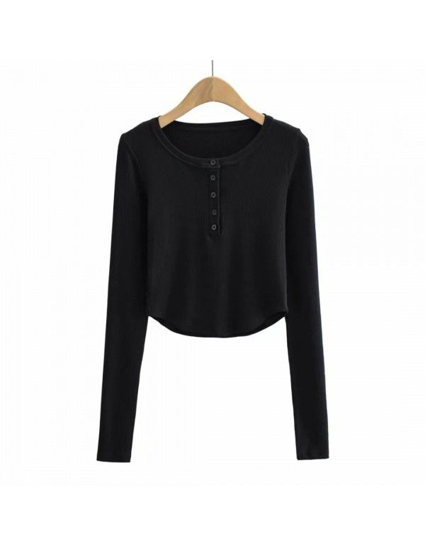 Summer Euro American Style Round Neck Half Open Button Curved Edge Slim Fit Short Top Round Neck Slim Fit Women's T-Shirt