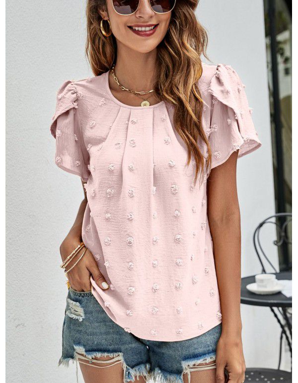 Summer New Round Neck Casual Tulip Sleeve T-shirt Jacquard Top Women