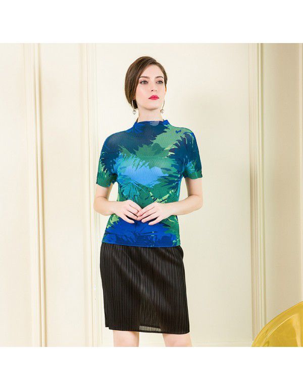 Three curtilage pleated top high neck T-shirt women's short sleeve summer new slimming and versatile bottom shirt for women's wear 