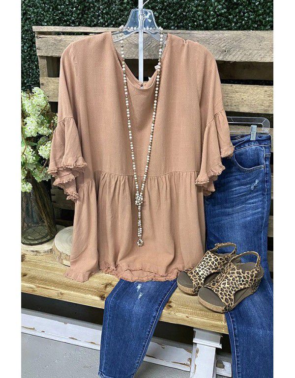 European and American women's top cotton and hemp pleated ruffle hem short-sleeved T-shirt 