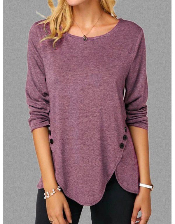 Spring/Summer Hot Style Irregular Button Hem Long Sleeve Crew Neck T-shirt