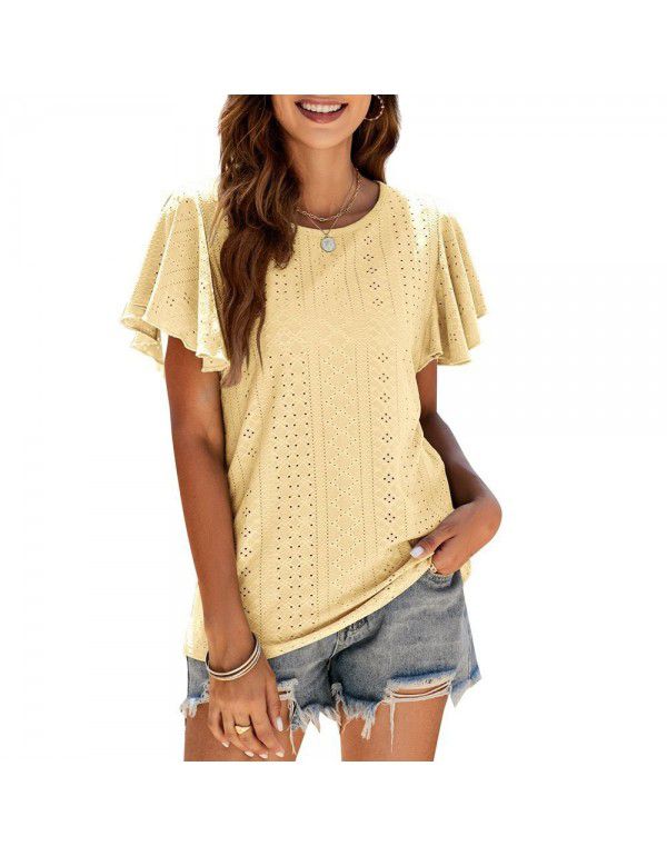 Summer New European and American Women's Dress Women's Top Hollow Waist Ruffle Sleeve Casual T-shirt