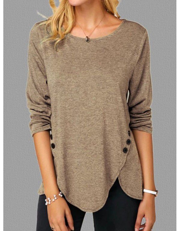 Spring/Summer Hot Style Irregular Button Hem Long Sleeve Crew Neck T-shirt