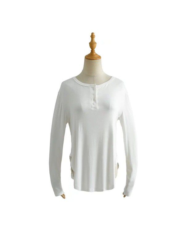 Summer new women's curved hem access control three-button round neck long sleeve loose casual long T-shirt top 