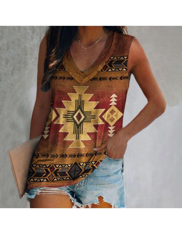 Summer New Vintage Ethnic Style European and American Women's Casual Sleeveless T-shirt