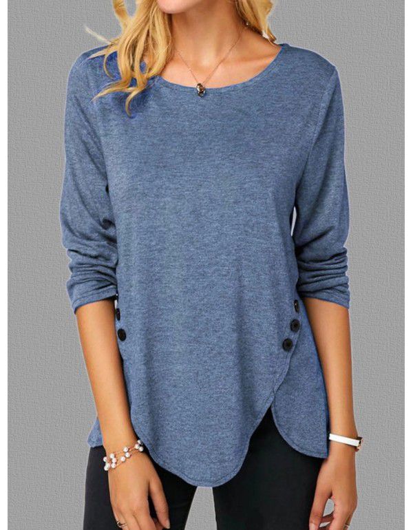 Spring/Summer Hot Style Irregular Button Hem Long Sleeve Crew Neck T-shirt