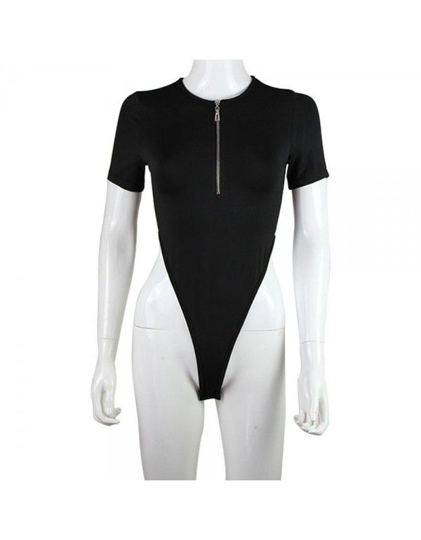 Women's Short Sleeve T-shirt Sexy Cutout Open Waist Zip Neckline Slim Fit One Piece Top