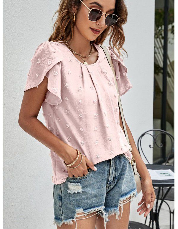 Summer New Round Neck Casual Tulip Sleeve T-shirt Jacquard Top Women