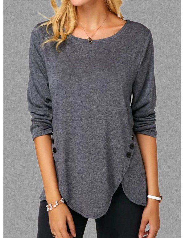 Spring/Summer Hot Style Irregular Button Hem Long Sleeve Crew Neck T-shirt