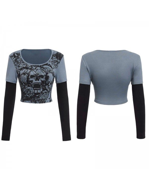 Women's tight-fitting long-sleeved T-shirt fake 2 pieces of street hip-hop sports casual bottoms 
