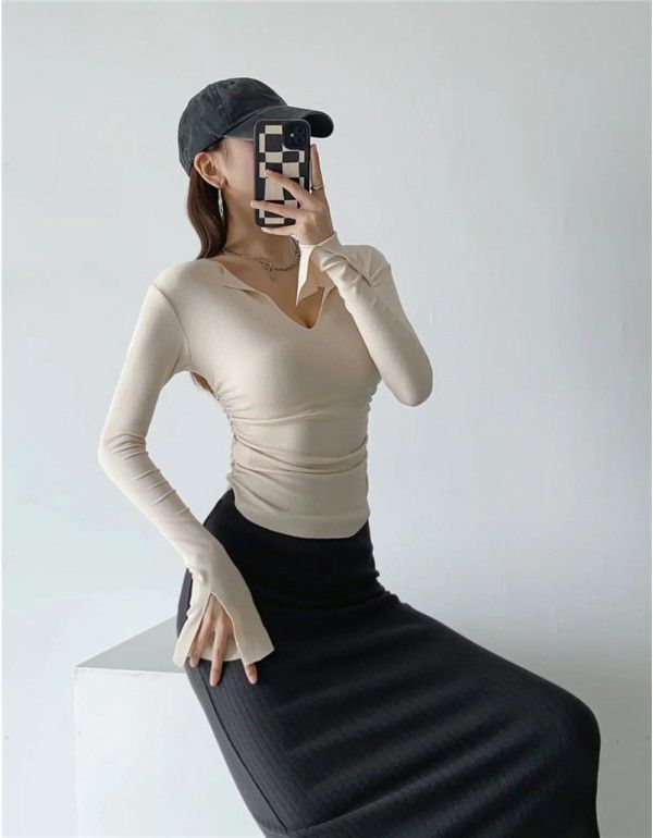 Pure desire V-neck flanging flared sleeve T-shirt for female minority Spicy girls pleated slim high waist short solid color bottom top 