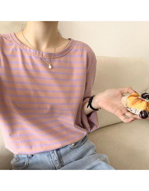 Long-sleeved striped t-shirt women's cotton loose autumn new style Korean T-shirt bottom coat women 
