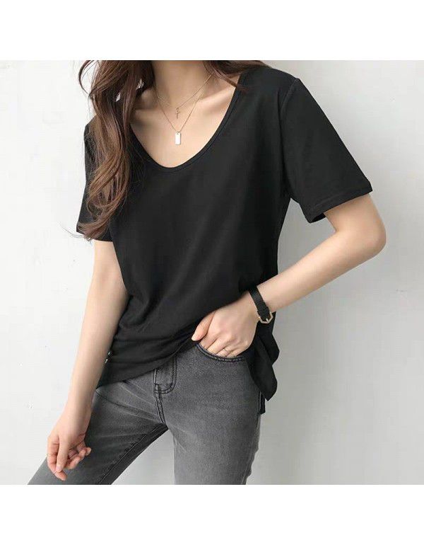 Large neckline, short sleeve, solid color t-shirt, women's loose, u-neck, heart machine, collarbone, thin, sexy, white minority top, women's fashion 