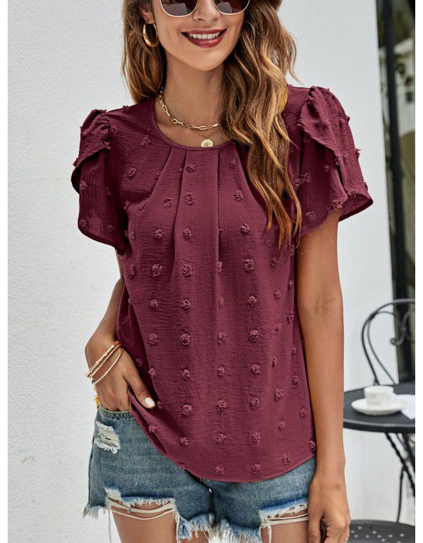 Summer New Round Neck Casual Tulip Sleeve T-shirt Jacquard Top Women