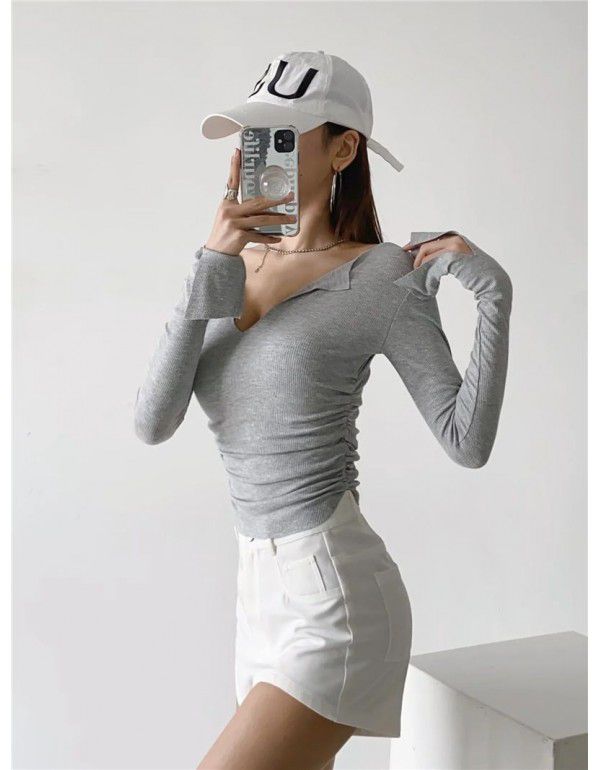Pure desire V-neck flanging flared sleeve T-shirt for female minority Spicy girls pleated slim high waist short solid color bottom top 