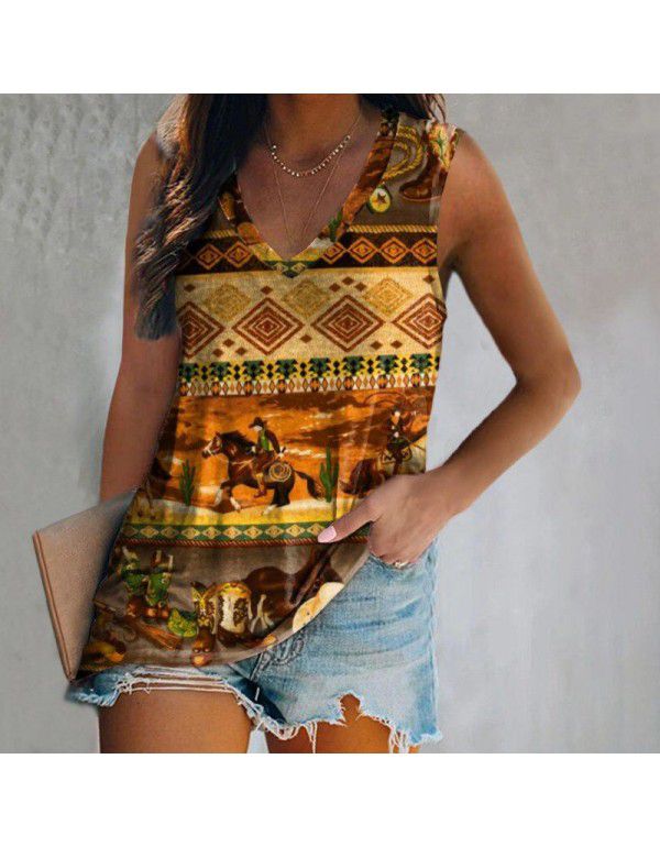 Summer New Vintage Ethnic Style European and American Women's Casual Sleeveless T-shirt