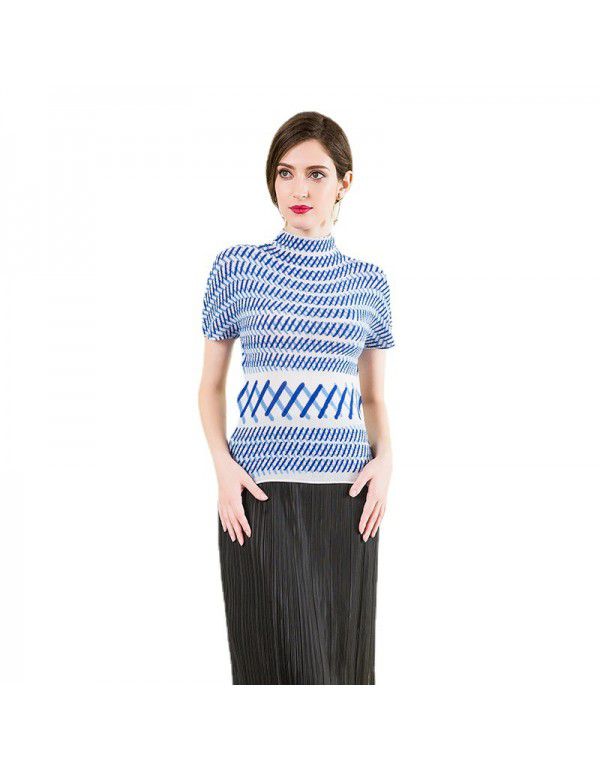Three curtilage pleated top high neck T-shirt women's short sleeve summer new slimming and versatile bottom shirt for women's wear 