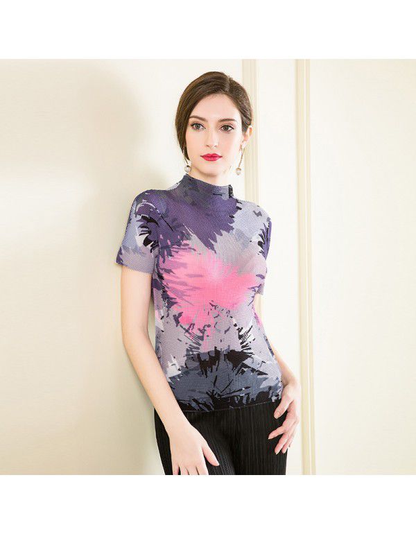 Three curtilage pleated top high neck T-shirt women's short sleeve summer new slimming and versatile bottom shirt for women's wear 