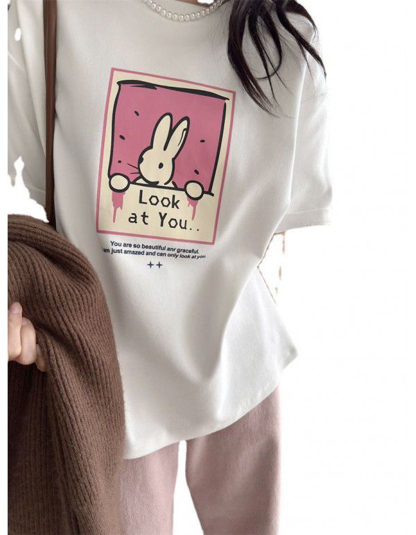 Fashion winter new women's Korean casual matte thickened T-shirt cartoon print pullover round neck 