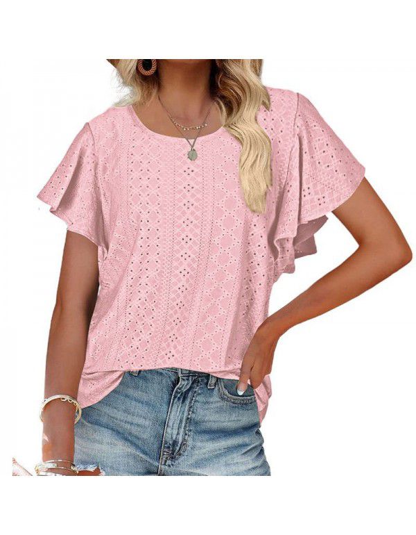 Summer New European and American Women's Dress Women's Top Hollow Waist Ruffle Sleeve Casual T-shirt