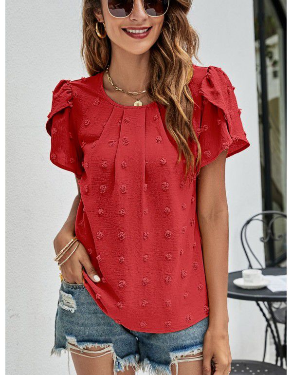 Summer New Round Neck Casual Tulip Sleeve T-shirt Jacquard Top Women