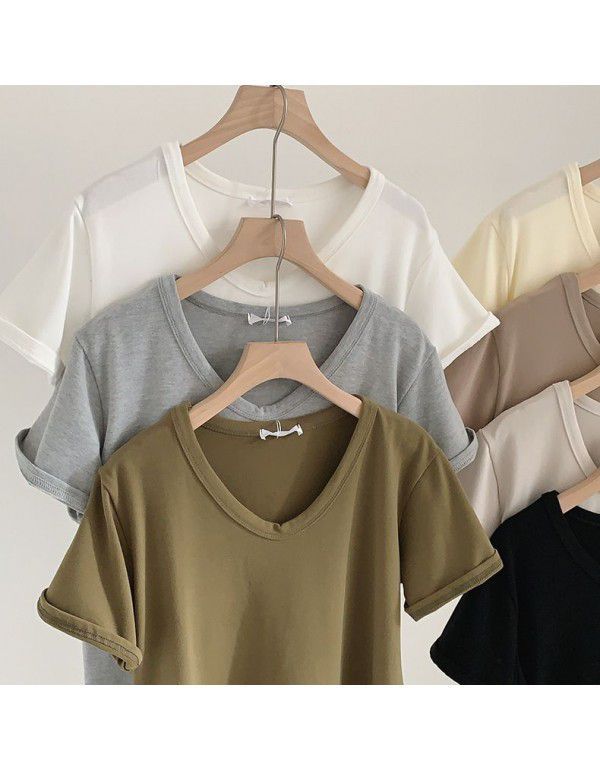 Spring New Style Korean Morandi Solid Color Versatile Short Sleeve T-shirt Women 