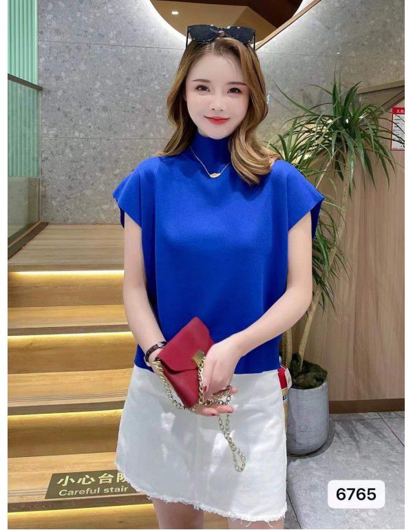 Korean version of the new half high neck camisole knitted vest T-shirt for women's simple loose short sleeve top summer
