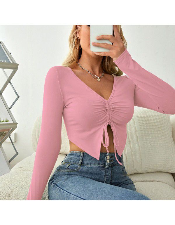 Sleeves drawcord slimming open navel top breathable pleated solid color simple sweet T-shirt women's casual spring and autumn top 