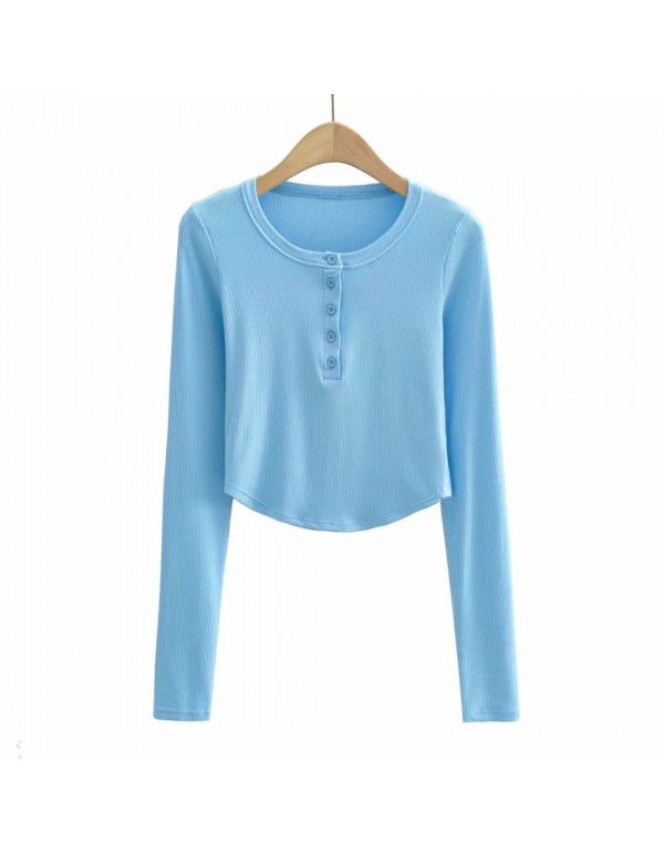 Summer Euro American Style Round Neck Half Open Button Curved Edge Slim Fit Short Top Round Neck Slim Fit Women's T-Shirt