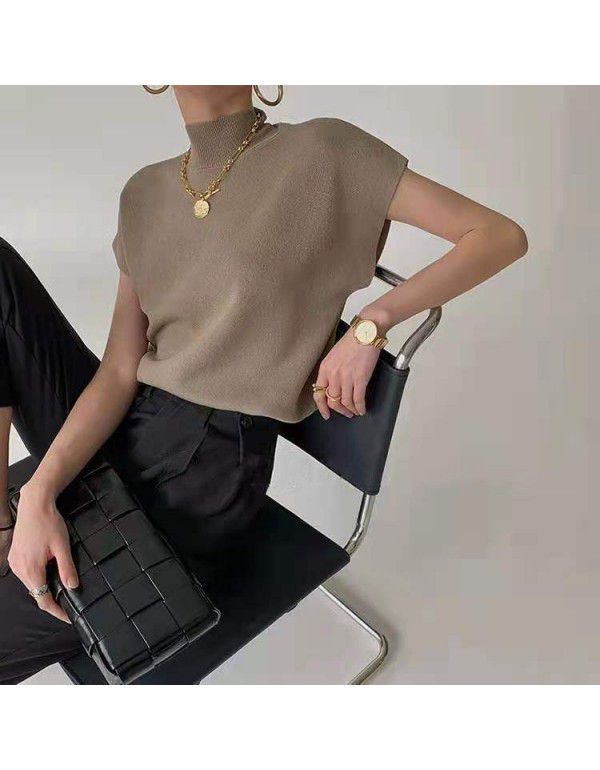 Korean version of the new half high neck camisole knitted vest T-shirt for women's simple loose short sleeve top summer